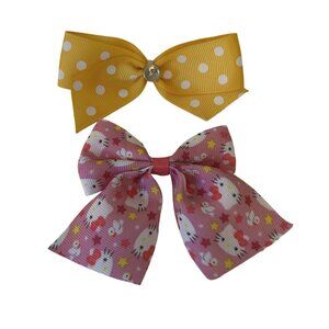 Set Of 2 Hair Bows 3.5" Wide Hello Kitty & Yellow Polka Dot Design For Stuffed A